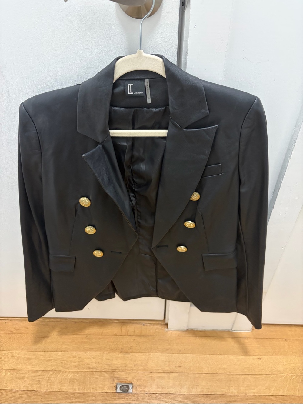 Black Double-Breasted Leather Blazer with Gold Buttons